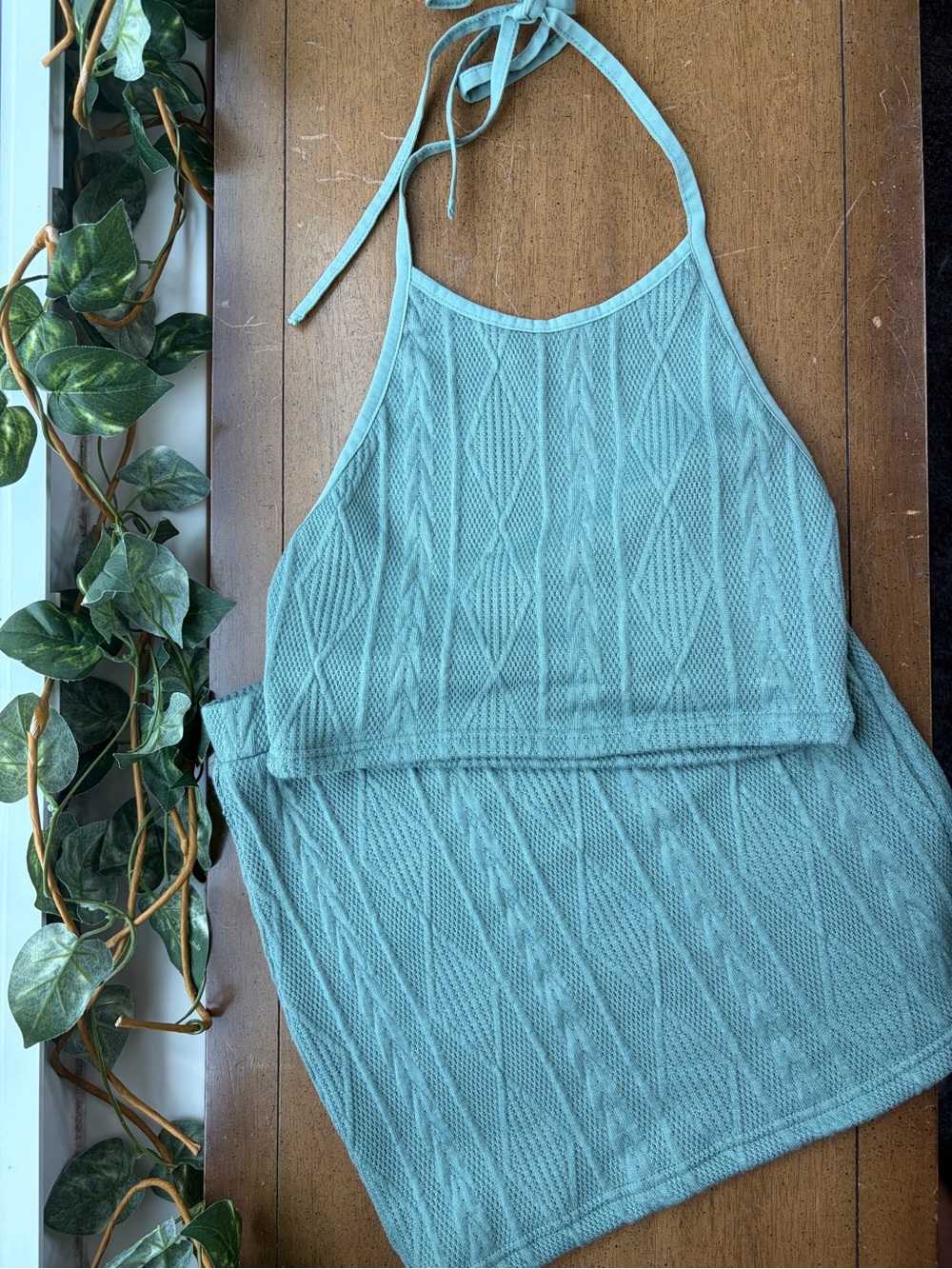 Sage Green Knit Two Piece Set Halter Crop Top Mini Skirt Matching Outfit M